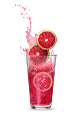 Fresh red orange juice splashing from glass on white background
