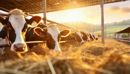 Meat and milk and livestock industry, text space. Cows eating hay in cowshed on dairy farm with sunlight in barn