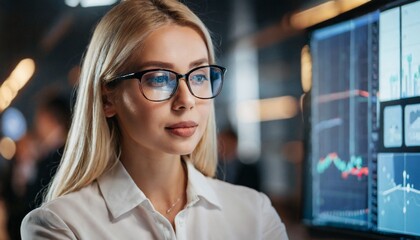 Portrait of blonde female expert in glasses looking at screen with financial data close up	
