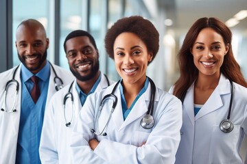 team of diverse doctors smiling - obrazy, fototapety, plakaty