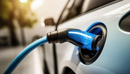 Power supply for electric car charging. Electric car charging station. Close up of the power supply plugged into an electric car being charged.	
