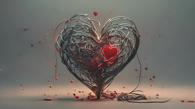 A heart turning into a tangled mess of wire, conveying the impact of mental health issues on ones emotional wellbeing. minimal 2d animation Psychology art concept