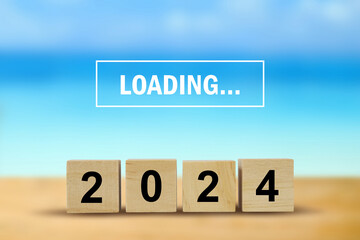 Happy New Year 2024,   Loading bar with wooden blocks , illustration.