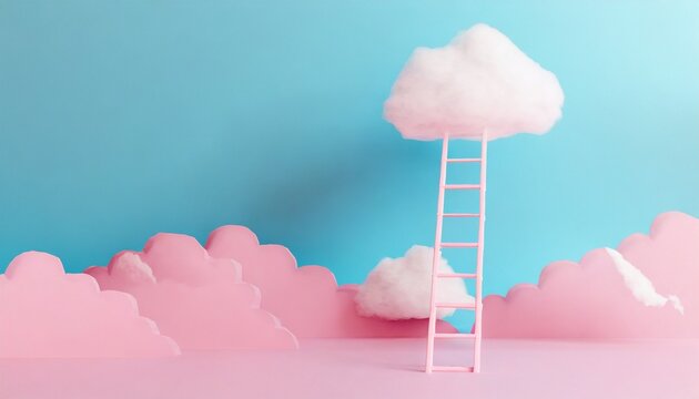  Step ladder leading to clouds. Minimal pink and blue compostition.