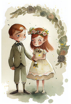 Wedding theme watercolor card. AI generated