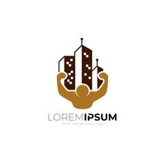 Fototapeta premium Gym logo template, People logo and building design combination, city
