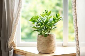 concept of home gardening. Zamioculcas in flowerpot on windowsill. Home plants on the windowsill. Green Home plants in a pot on windowsill at home. generative ai.