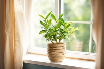 concept of home gardening. Zamioculcas in flowerpot on windowsill. Home plants on the windowsill. Green Home plants in a pot on windowsill at home. generative ai.