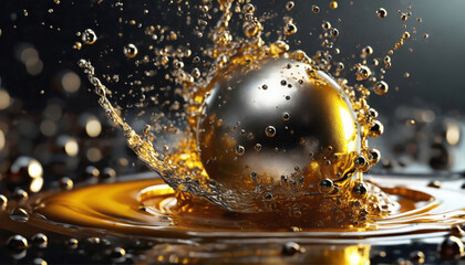 Close-up of metallic ball splashing in oil, lubrication process for industrial plant. - obrazy, fototapety, plakaty