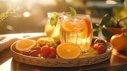 Closeup of a tray of fresh fruit and herbal tea, a perfect accompaniment to a hot springs experience.