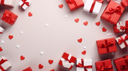 Top view of red and white gift boxes and hearts - obrazy, fototapety, plakaty
