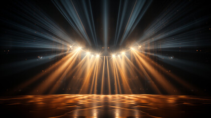 Fototapeta na wymiar gold red stage curtain with spotlights. scene, stage light with colored spotlights and smoke. empty theater stage illuminated spotlights and smoke before a performance. Art concept ..