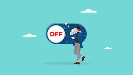 businessman pushing toggle switch off button slider bar vector illustration, day-night toggle button concept, day and nigh interface design, business operation concept illustration, off mode business - obrazy, fototapety, plakaty