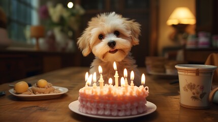 A dog sits in front of a birthday cake - obrazy, fototapety, plakaty
