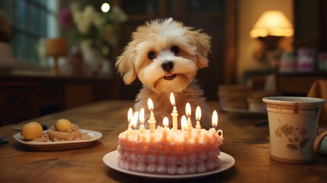 A dog sits in front of a birthday cake