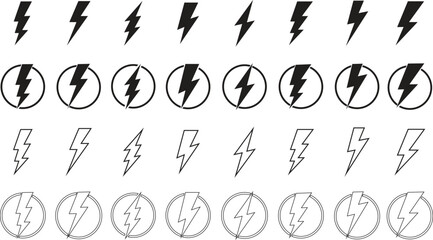 Set of Black Flat Lightning ,electric power vectors designs elements editable stock. Energy and thunder electricity symbols concept. Flash bolt signs in circle. Flash emblem on transparent background.