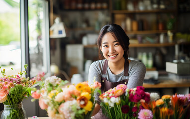 Picture of beautiful asian woman florist while working.
