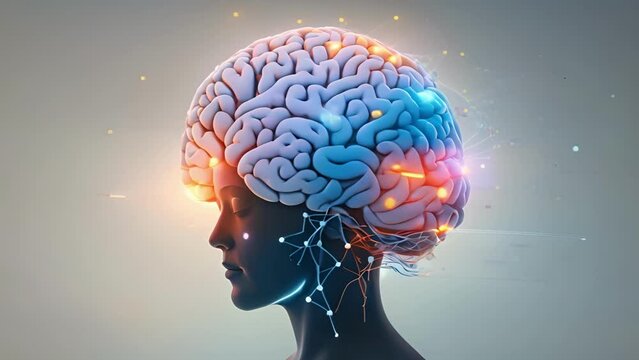 An animated visualization of a persons brain, with different areas lighting up as they engage in mindful practices such as meditation and gratitude, Psychology art concept