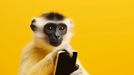 白い毛に黒い顔の猿のベルベットモンキーがスマートフォンを持っている写真、背景黄色 - obrazy, fototapety, plakaty