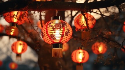 Chinese New Year lanterns hanging on tree at dusk. Traditional festival decorations.