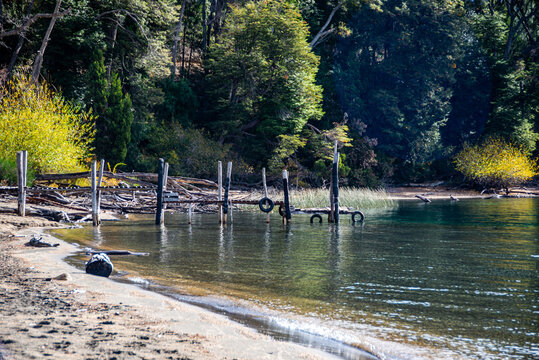 Pier made of logs on Lake Traful, Villa Traful, Neuqu&eacute;n, Patagonia Argentina