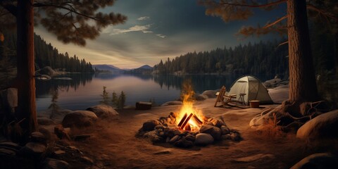 A-lakeside-campsite-with-a-bonfire-surrounded-by-tall-pi-b67cc42c-c0f5-46fe-87ff-ab0f9bb80172 - obrazy, fototapety, plakaty