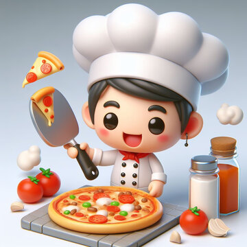 Funny cartoon of chef making pizza. World pizza day. AI generated