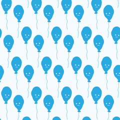 Seamless pattern of blue balloons on a thread with sad smile face in trendy monochrome blue shades