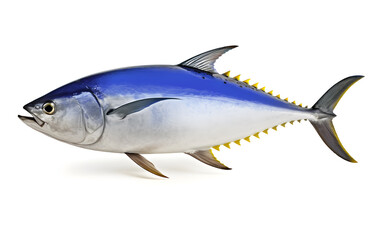 Yellow fin tuna on white background. black fin yellow tuna on white. Realistic isolated illustration. - obrazy, fototapety, plakaty