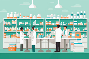 Conceptual art of pharmacy and pharmacist. Medical care, prescriptions for customers, drugstore health care. Flat design modern illustration.