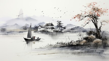 中国風の湖畔の建物や船を描いた水墨画風の風景 - obrazy, fototapety, plakaty