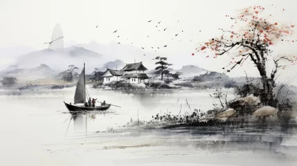 Foto op Canvas 中国風の湖畔の建物や船を描いた水墨画風の風景 © fumoto-lab