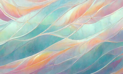 表面全体が、海の波のような柔らかな動きと流れを持つ、虹色の有機的な形を、淡いブルーを基調としたパステルカラーで塗り重ねてある.ファンタジー風の背