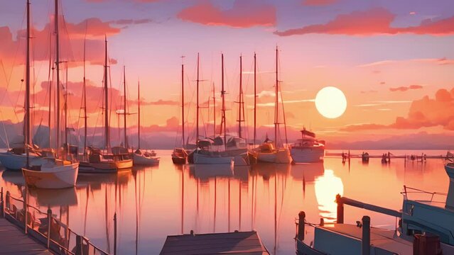 sets over marina, painted shades pink orange, casting warm glow sailboats docked shore lighthouse standing tall background. 2d animation