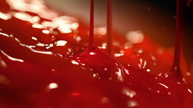 Tiny droplets of ketchup suspended in mid air illuminated by a ray of light revealing the complex structure and viscosity of the sauce.