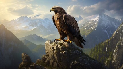 Eagle in a regal pose, perched on a rocky outcrop, with a mountainous backdrop.