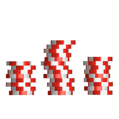 Red and white poker chips lie in stacks on a white background. Vector illustration.