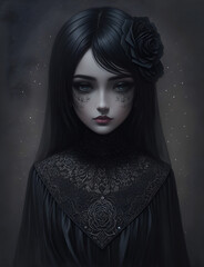 Portrait of a mysterious girl in a black dress wearing black roses, eerie, gothic, AI generative