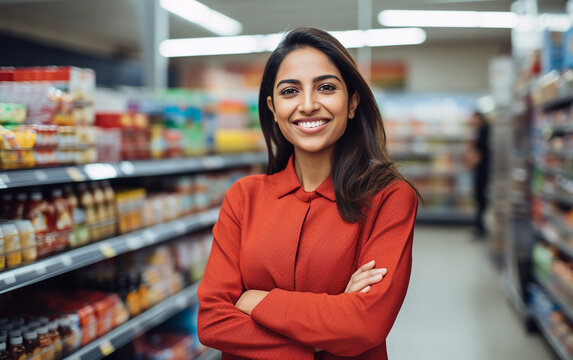 Cute hindu sales girl standing in a grocery store. Beautiful indian lady standing in a grocery store. 