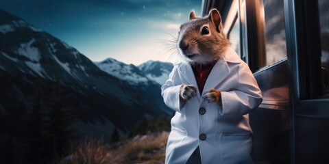 A squirrel dressed in a lab coat leaning out of a train window. Generative AI.