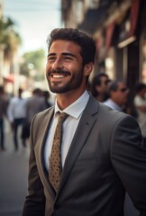 Fototapeta premium A smiling man in a suit and tie on a city street. Generative AI.