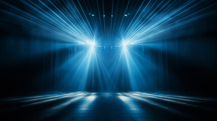 Blue stage curtain with spotlights. scene, stage light with colored spotlights and smoke. Stage on...