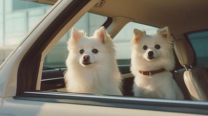 Two small white dogs sitting in the back seat of a car. Generative AI.