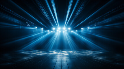 Fototapeta na wymiar Blue stage curtain with spotlights. scene, stage light with colored spotlights and smoke. Stage on the dark floor with lights on the perimeter. theater stage Art concept..
