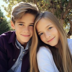 Obraz premium A joyful brother and sister embrace and smile for a delightful outdoor portrait. Generative AI.