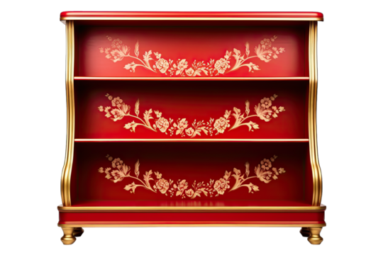 Luxury Red Empty bookcase Shiny With Floral on white background On Transparent Background