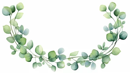 Fotobehang Watercolor modern decorative element. Eucalyptus round Green leaf Wreath, greenery branches, garland, border, frame, elegant watercolor isolated on white background © Lalaland