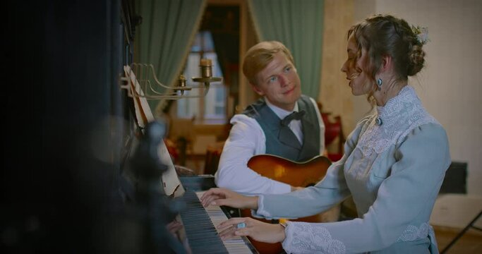 loving man and woman singing romantic song and playing music in 19th century, 4K, Prores