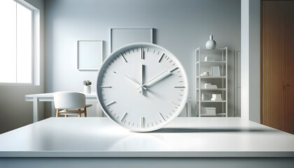 white clock on a white table, featuring a minimalistic design with dashes on the clock face...