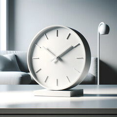 white clock on a white table in a 1:1 format, with a minimalistic design and dashes on the clock face.